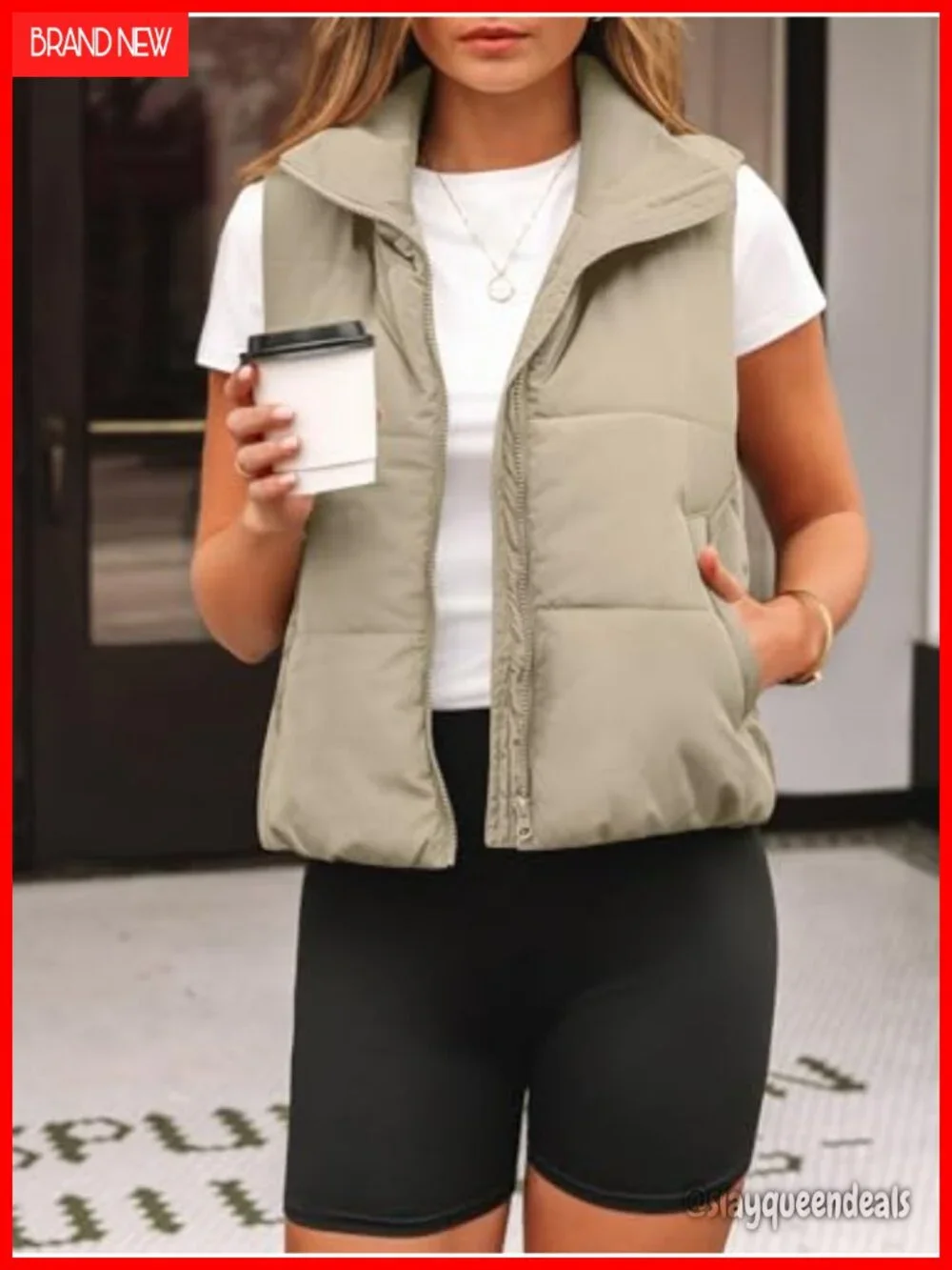 Cropped Puffer Vest Lightweight Quilted Down Vest Stand Collar Zip Pockets